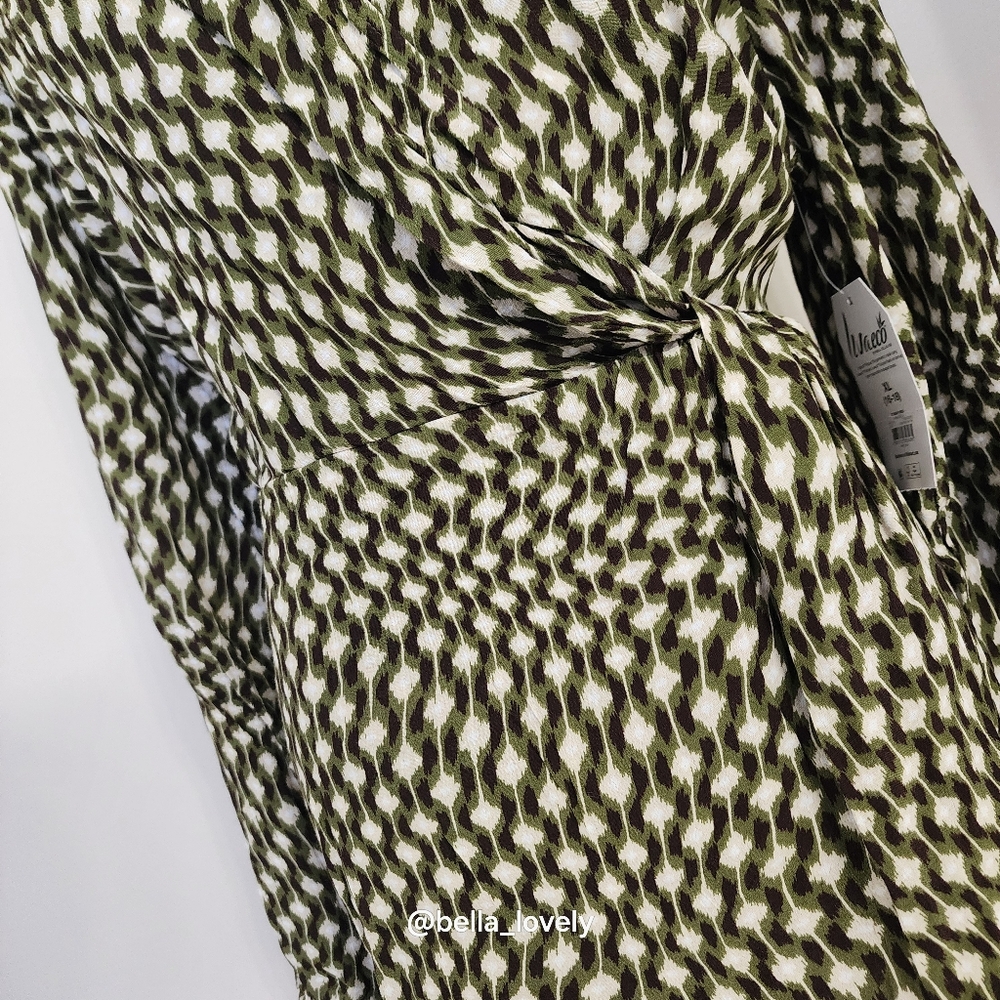 NWT! Elegant Olive Patterned Wrap Dress - Picture 5 of 9